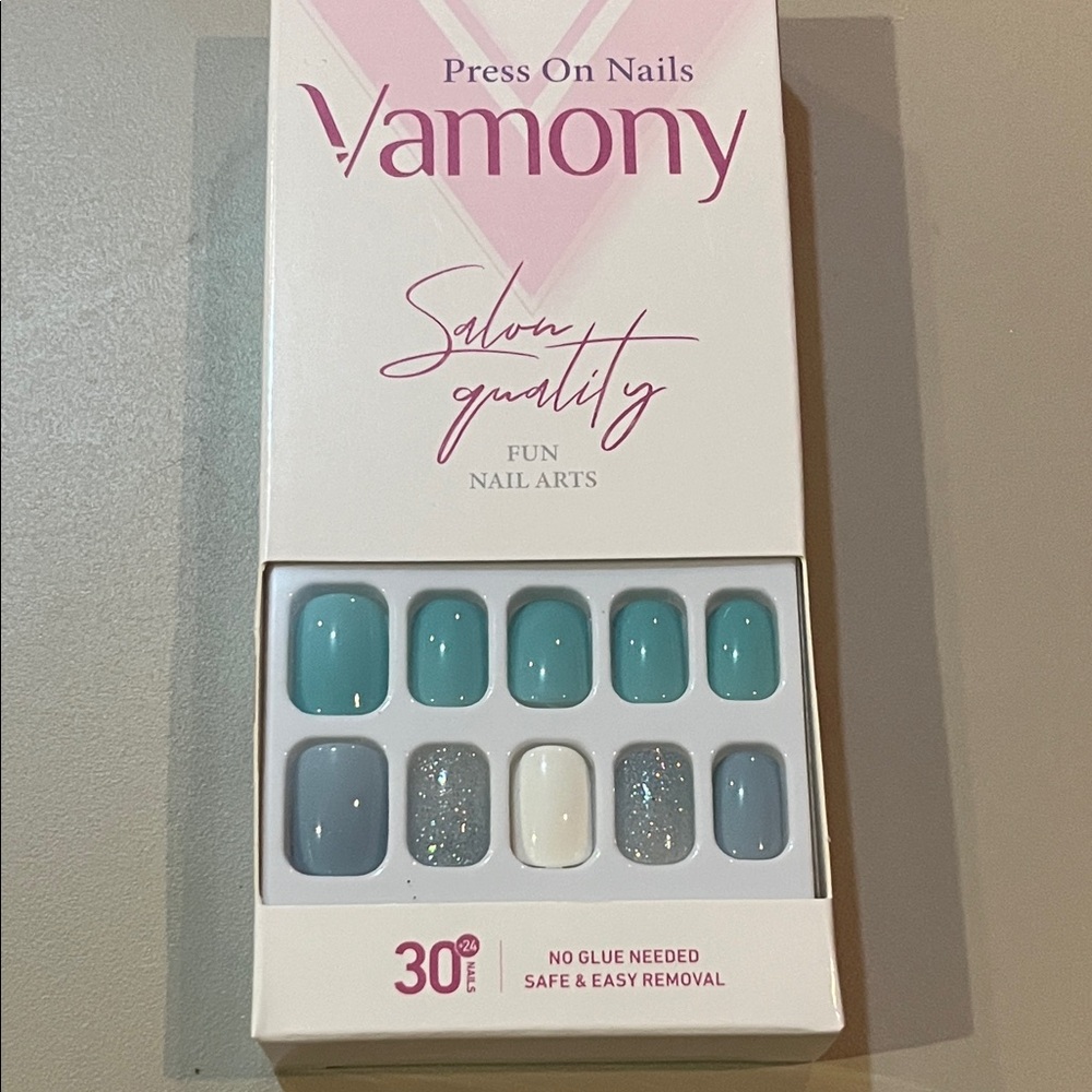 Vamony Press On Nails  Color Blue and Glitter Style DYI NEW